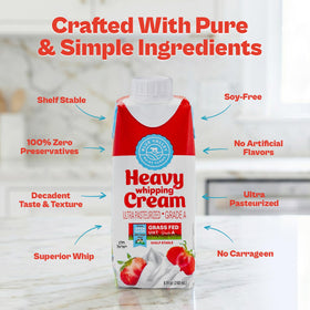 Blue Valley heavy cream in pantry-ready packaging for on the go cooking.