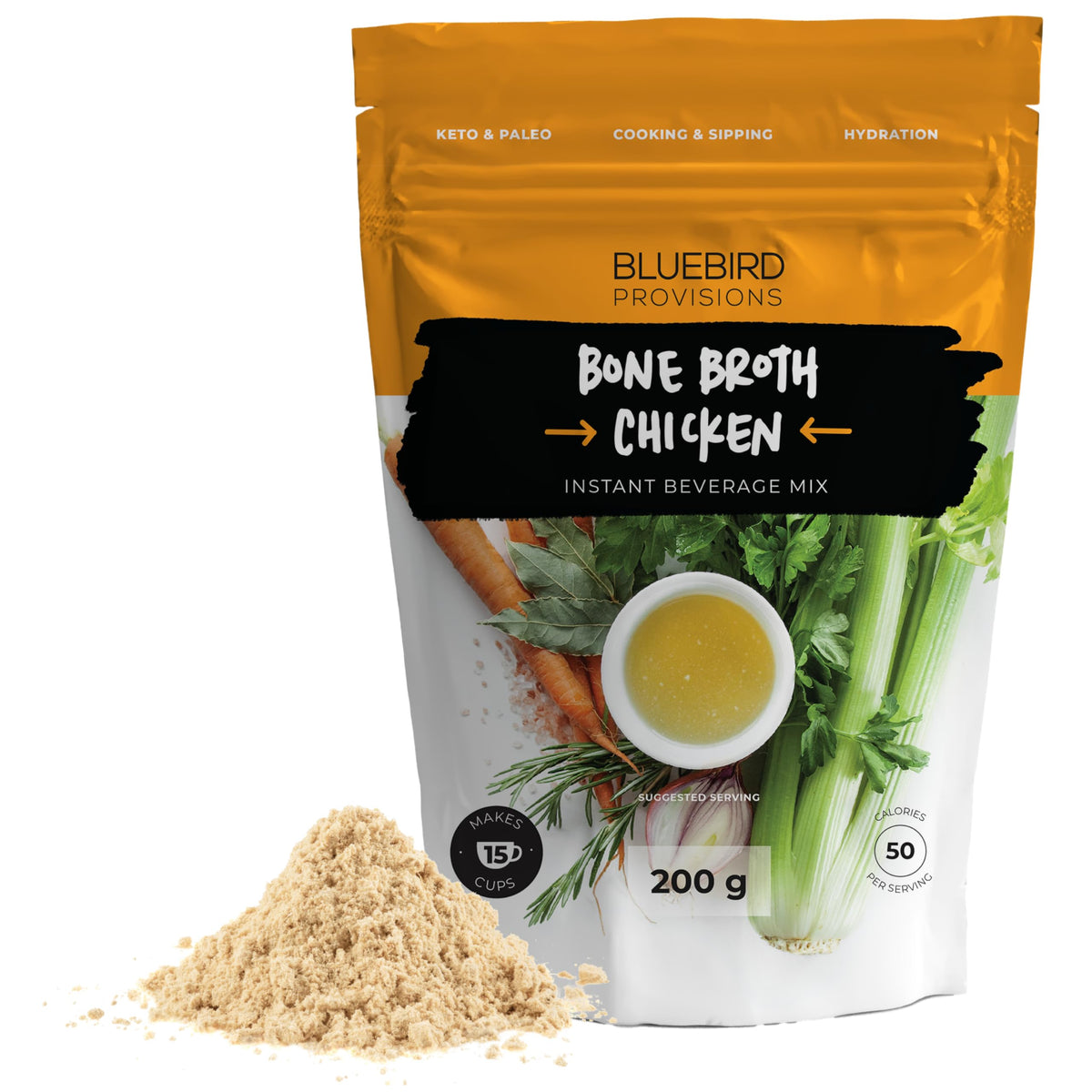 Bluebird Provisions chicken bone broth powder poured for a savory, gut-friendly protein