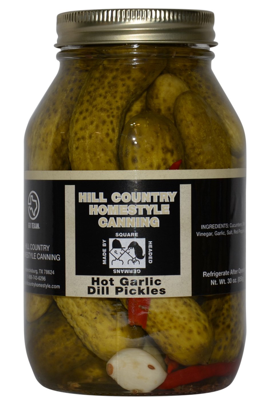 Bluebonnet Creek Farms hot garlic dill pickles jar—bold crunch for snacking and appetizers.