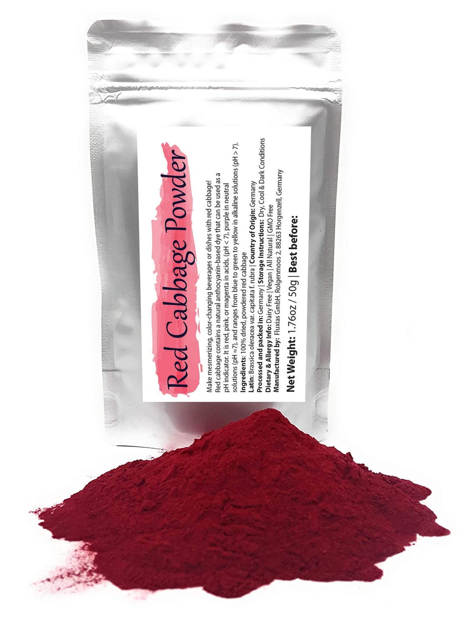 Bluechai Red Cabbage Powder packaging in a resealable aluminium pouch for freshness.