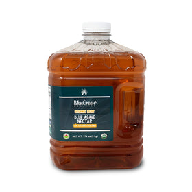 Blue Green Organics light blue agave bottle pour for smooth, neutral sweetness.