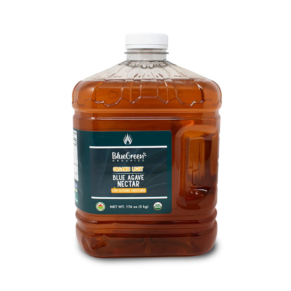 Blue Green Organics light blue agave bottle pour for smooth, neutral sweetness.