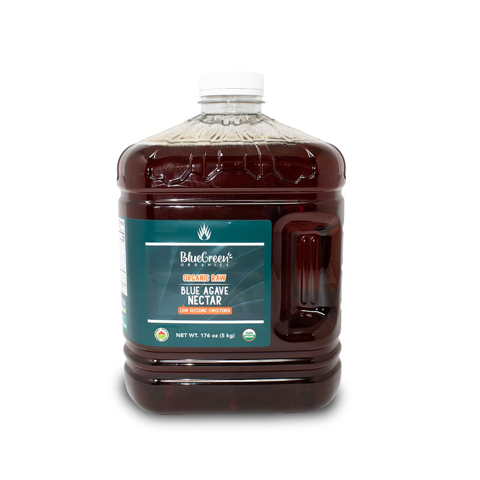 BLUEGREEN Organics Raw Blue Agave Syrup bottle shows rich color for natural sweetness