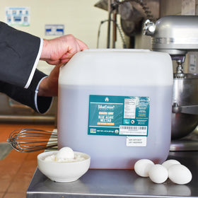 BLUEGREEN raw agave nectar packaging illustrating bulk size efficiency.