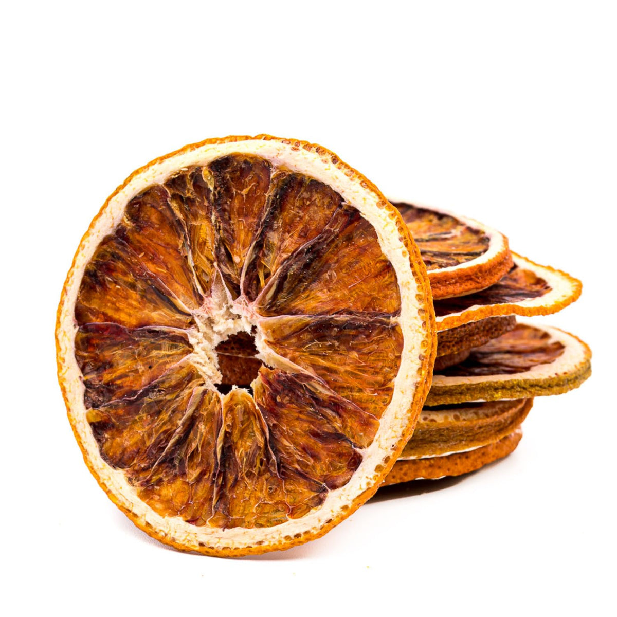 BlueHenry blood orange wheels close-up slice, showing vibrant color and natural fruit.