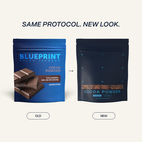 Blueprint Bryan Johnson Elite Flavanols Cocoa Powder jar close-up for a rich antioxidant cocoa experience