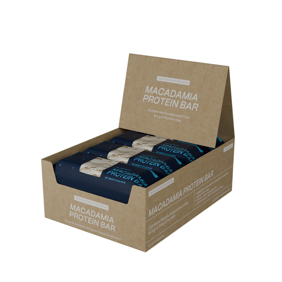Blueprint Bryan Johnson macadamia bar white cocoa pack for on-the-go vegan fueling