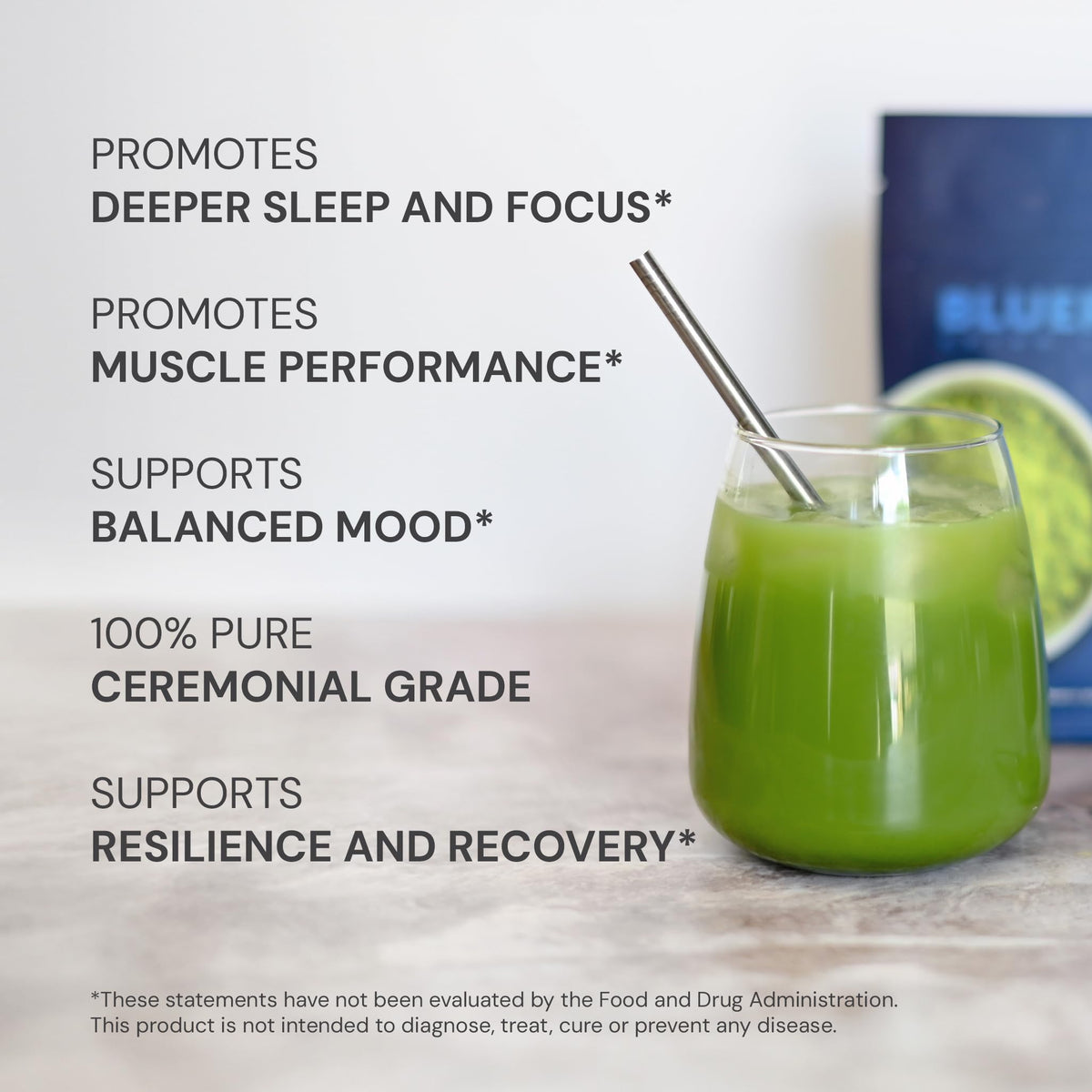 Blueprint Bryan Johnson Matcha powder brewed tea cup highlights smooth flavor and focus.