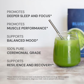 Blueprint Bryan Johnson Matcha powder brewed tea cup highlights smooth flavor and focus.