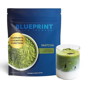 Blueprint Bryan Johnson Matcha powder container shows ceremonial grade quality and vibrant color.