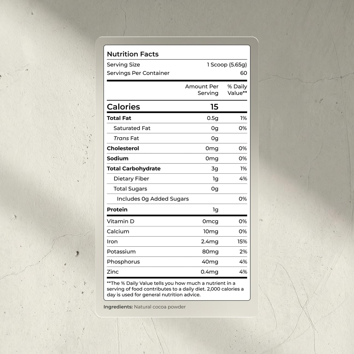 Blueprint Bryan Johnson Non Dairy Cocoa Powder bag back showing keto-friendly unsweetened ingredients