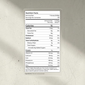 Blueprint Bryan Johnson Non Dairy Cocoa Powder bag back showing keto-friendly unsweetened ingredients