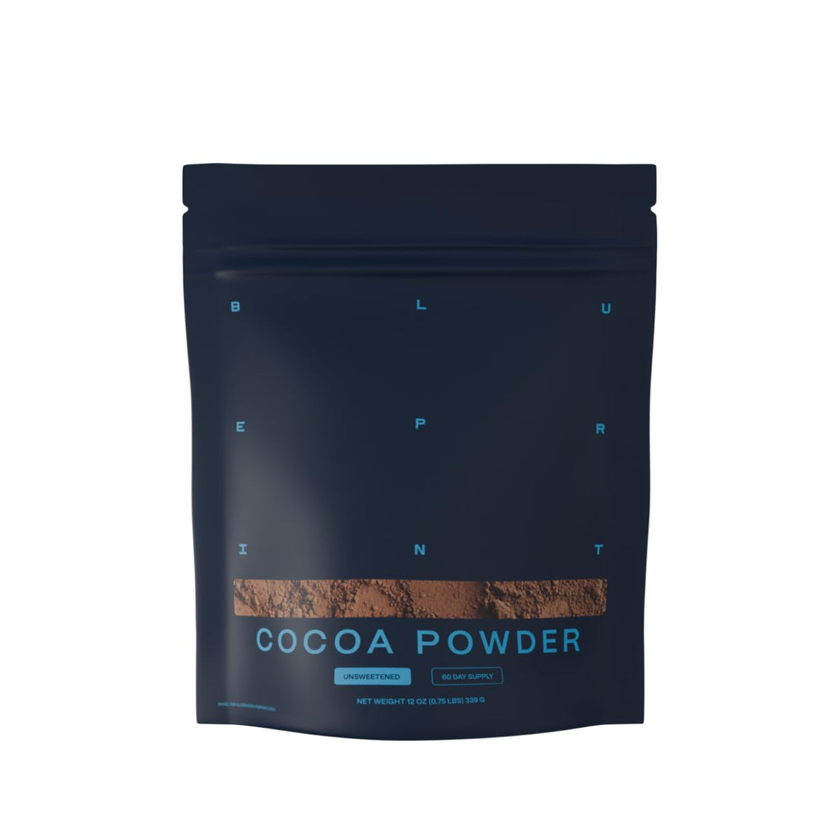 Blueprint Bryan Johnson Non Dairy Cocoa Powder bag front view highlighting elite flavanols