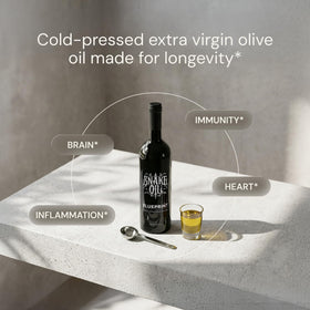 Blueprint Bryan Johnson Olive Oil bottle label highlighting early harvest quality and polyphenols