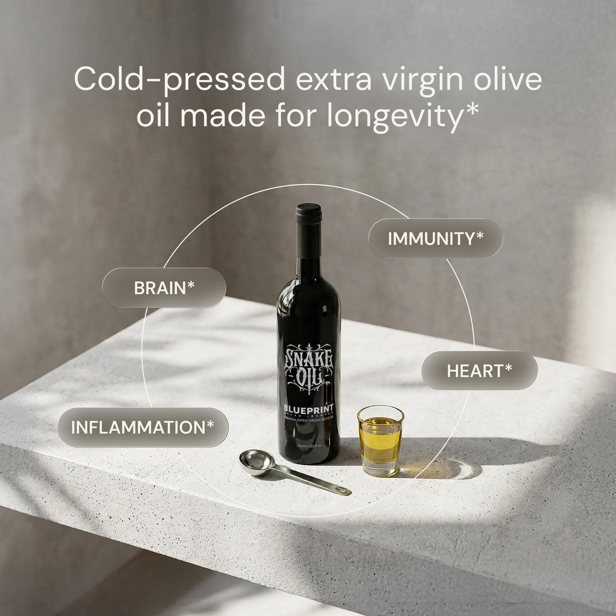 Polyphenol-rich Blueprint Bryan Johnson EVOO ready for dressings