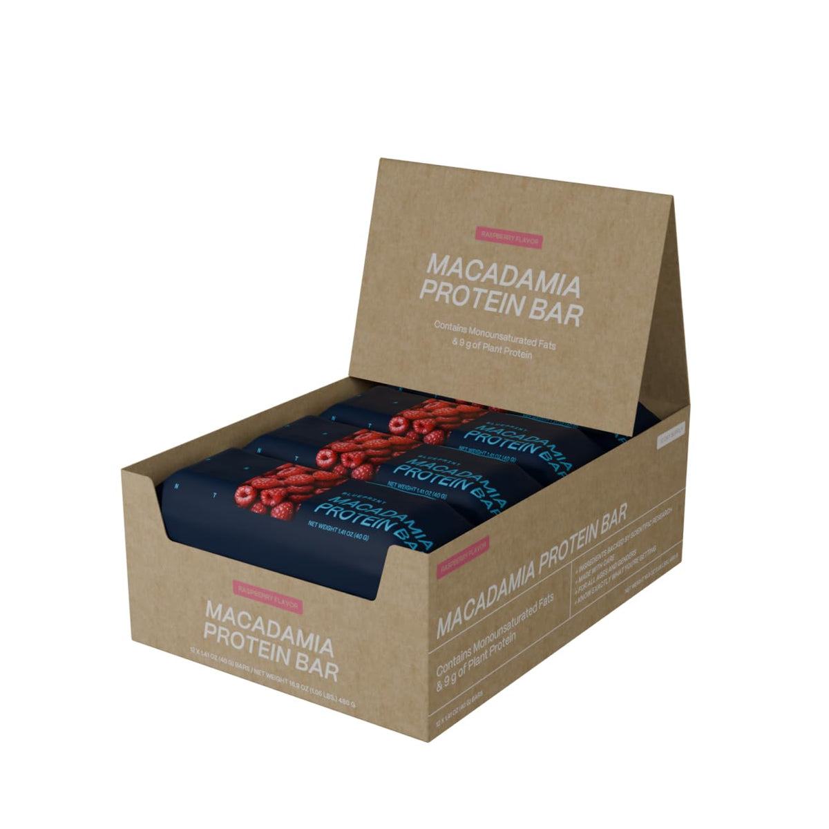 Blueprint Bryan Johnson raspberry macadamia bar package highlighting vegan energy