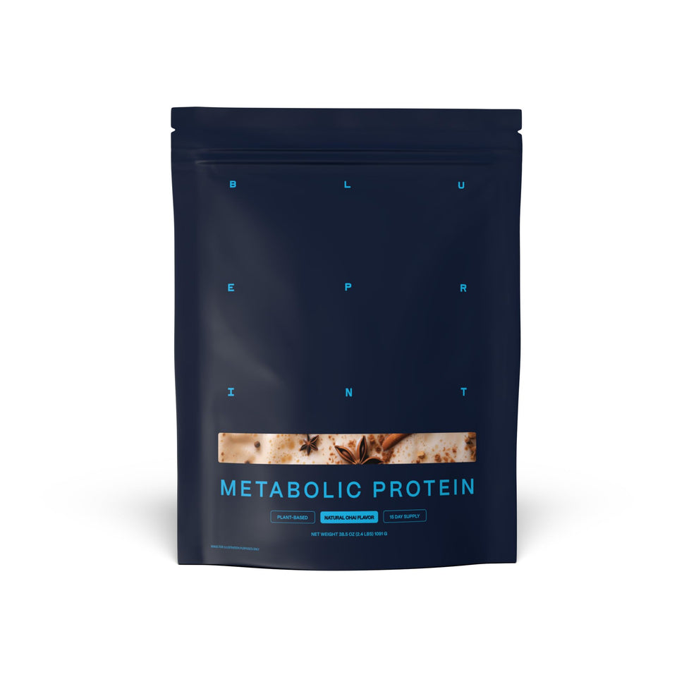 Blueprint Bryan Johnson vegan protein bottle with chai flavor for post-workout fueling.