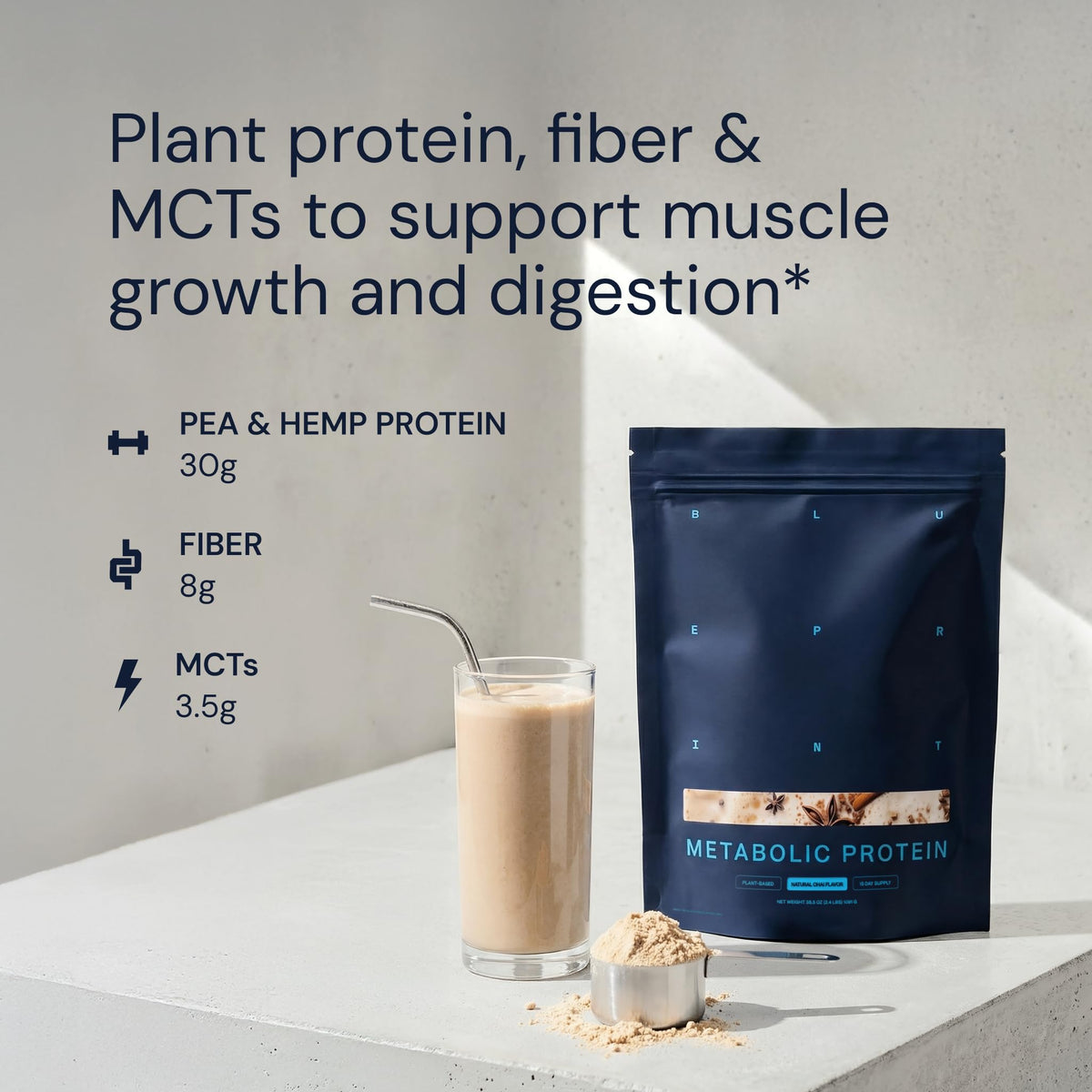 Chai-flavored Blueprint Bryan Johnson vegan protein powder jar.