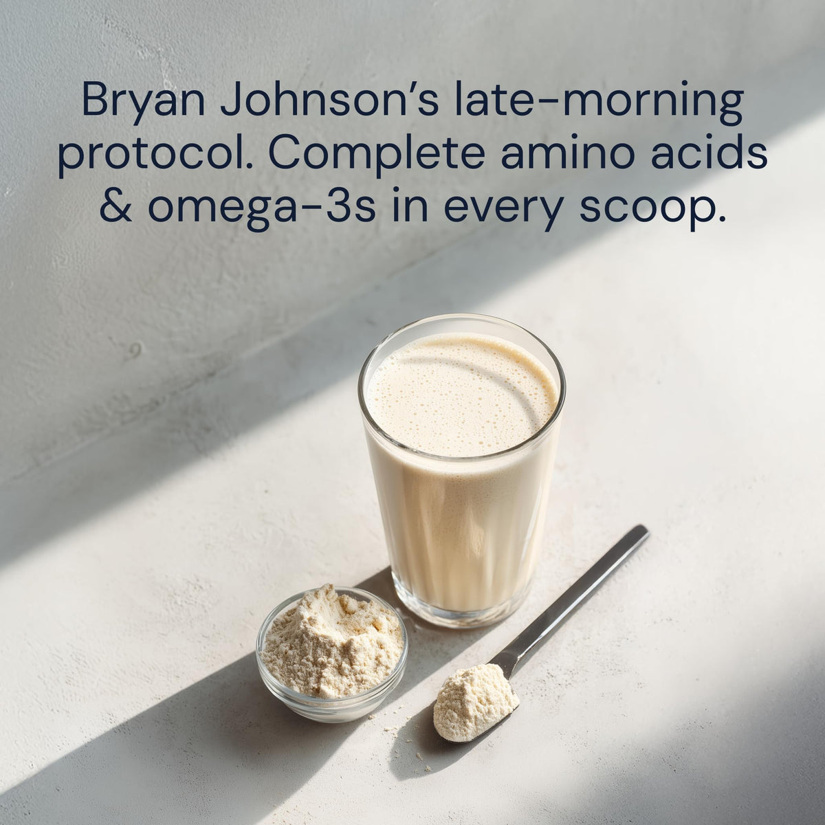 Protein powder mixed with water for a quick meal replacement using Blueprint Bryan Johnson.