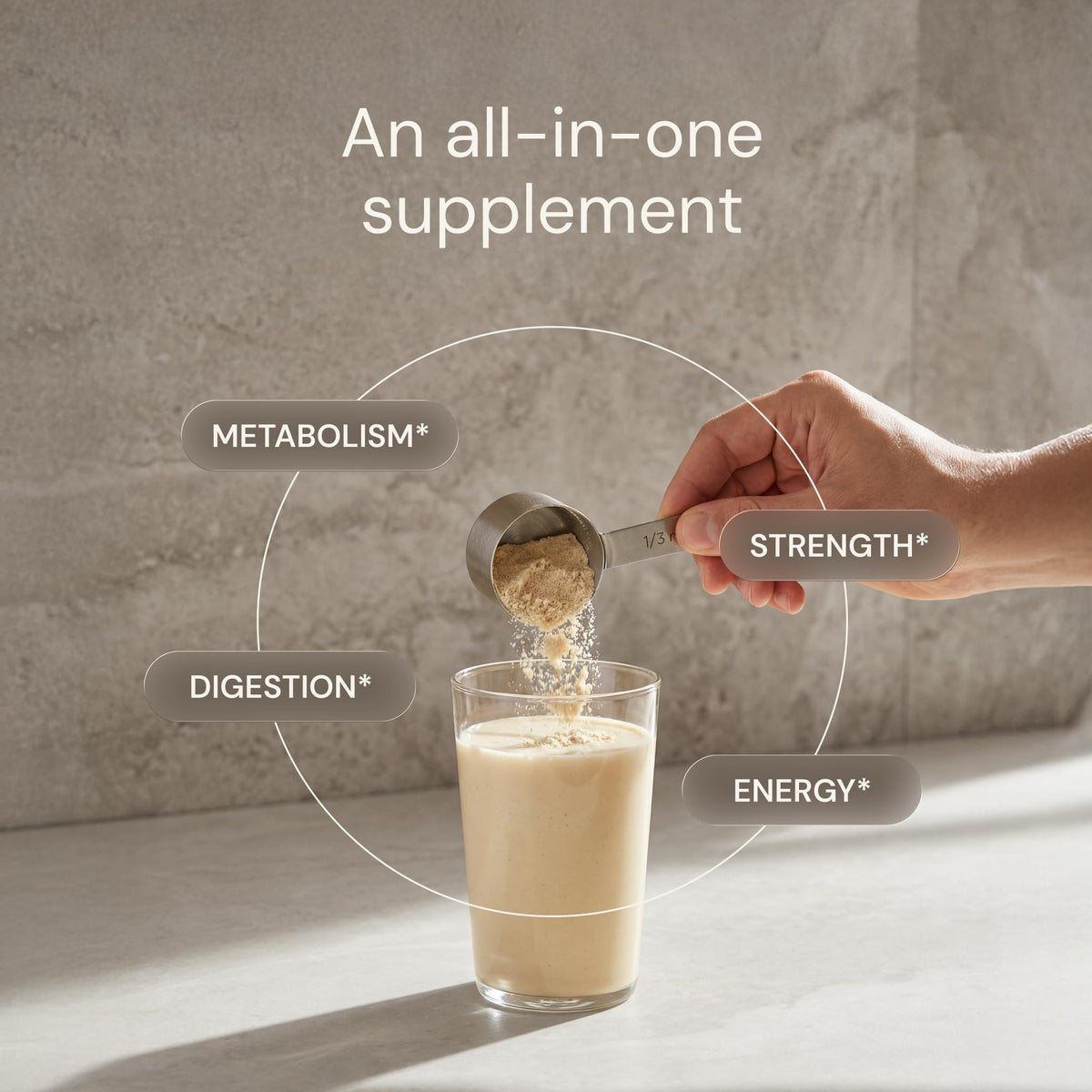 Shaker cup prepared with Blueprint Bryan Johnson vegan protein for a smoothie.