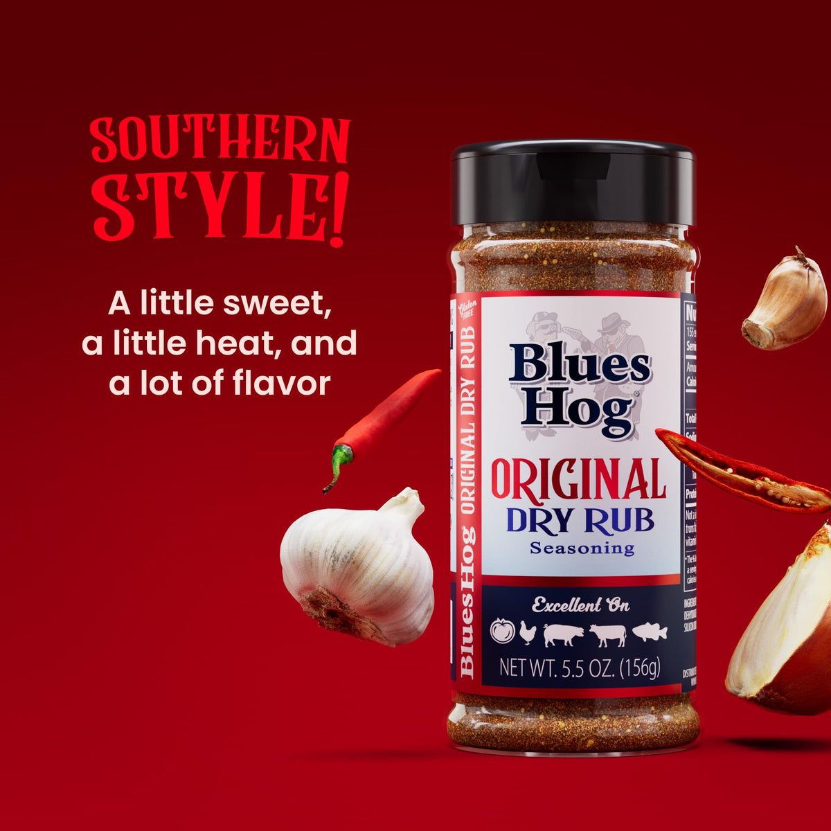 Blues Hog Original Dry Rub on ribs sizzling on the grill with depth