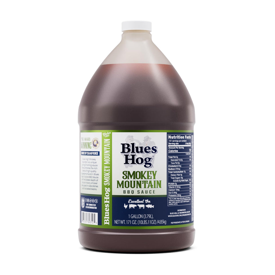 Blues Hog Smokey Mountain Sauce bottle with hickory finish, ideal for grilling and dipping.
