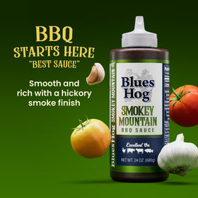 Blues Hog Smokey Mountain Sauce glass bottle and label signaling premium gluten-free BBQ.