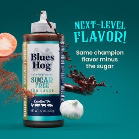 Blues Hog Champions’ Blend on grilled meat for smoky tang