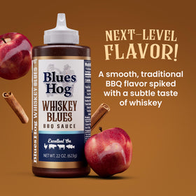 Blues Hog Whiskey Blues BBQ Sauce pouring over marinated steak for bolder taste.