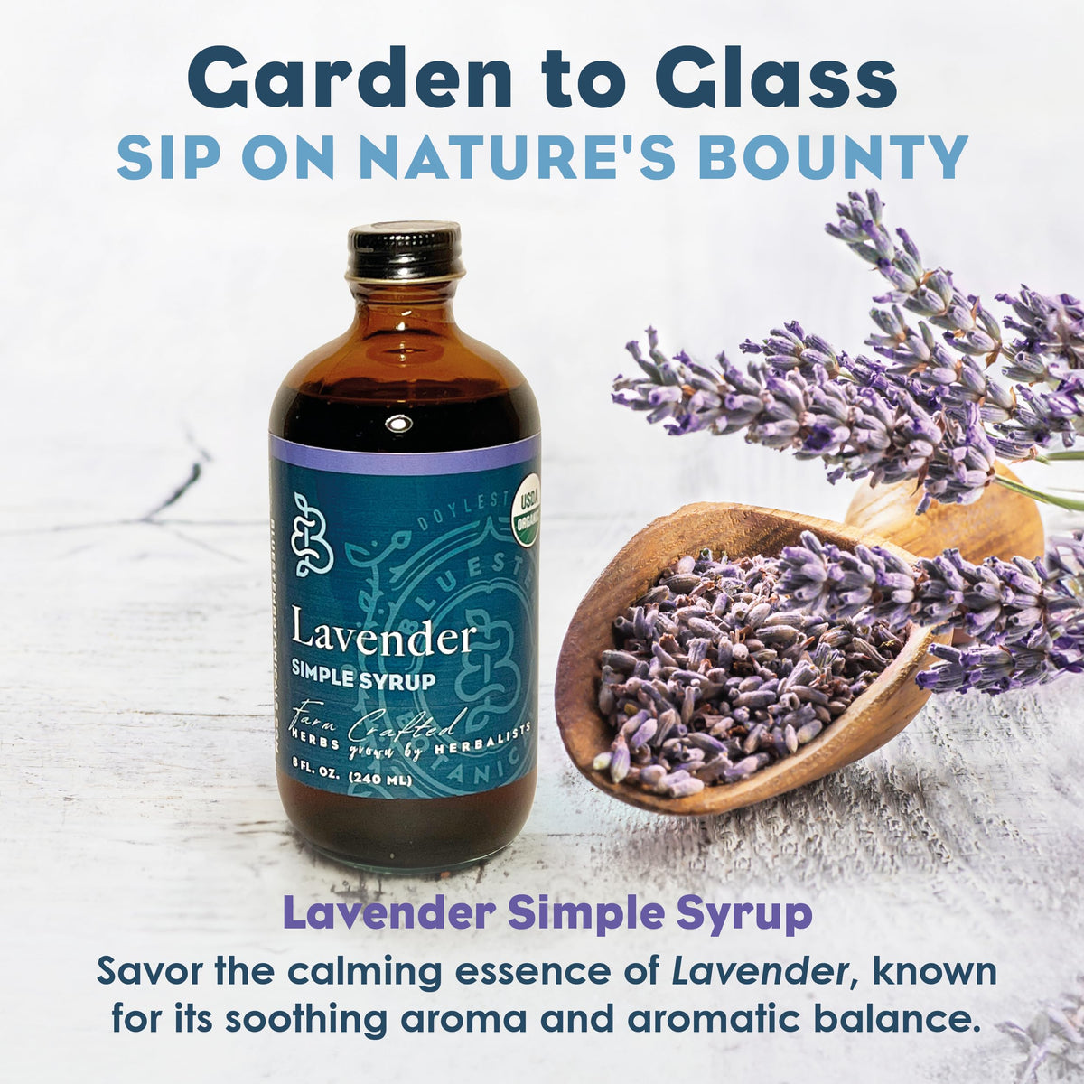 Bluestem Botanicals Lavender Syrup tea cup image shows versatile kitchen use.