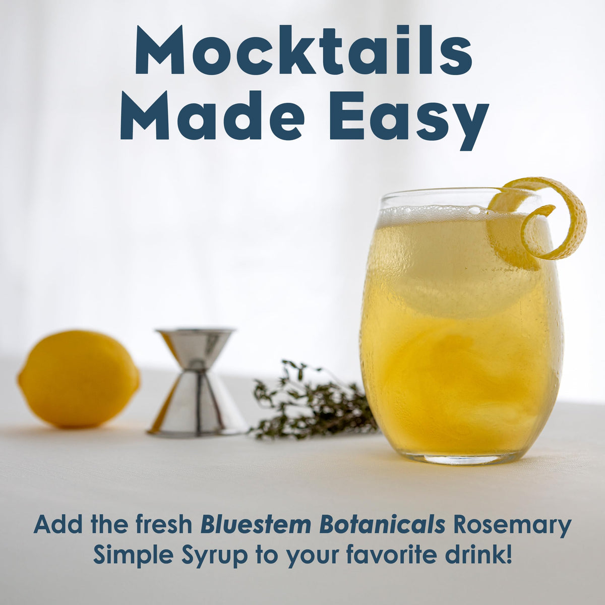 Bluestem Botanicals rosemary syrup close-up with herbs for cocktails and mocktails