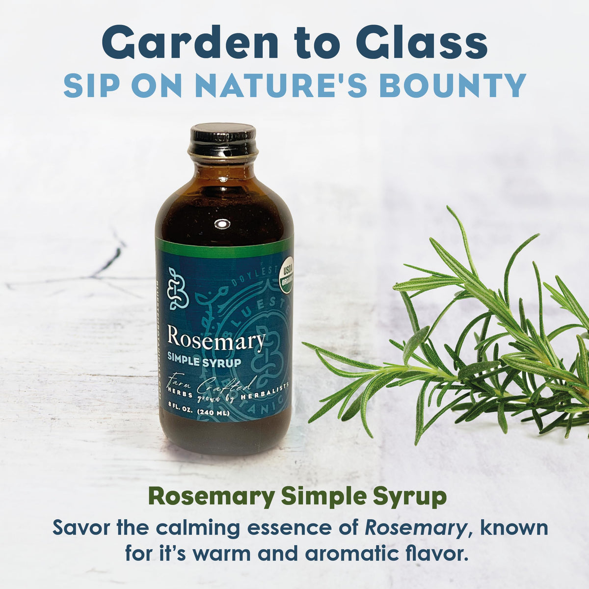 Bluestem Botanicals rosemary syrup pour into highball glass