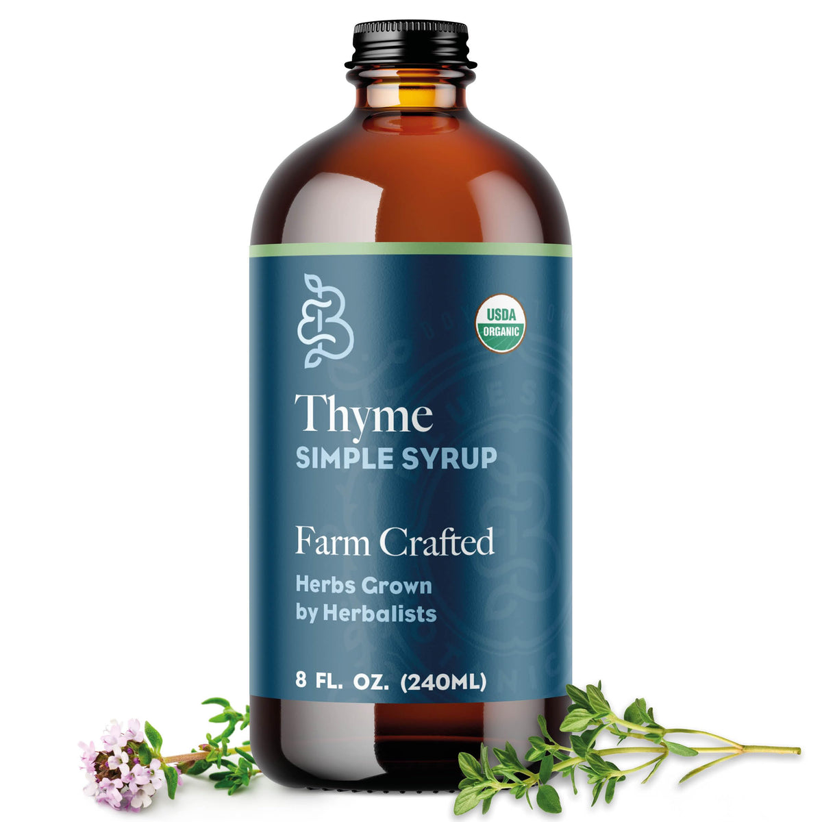 Bluestem Botanicals Organic Thyme Simple Syrup bottle, herbal flavor enhancer for drinks.