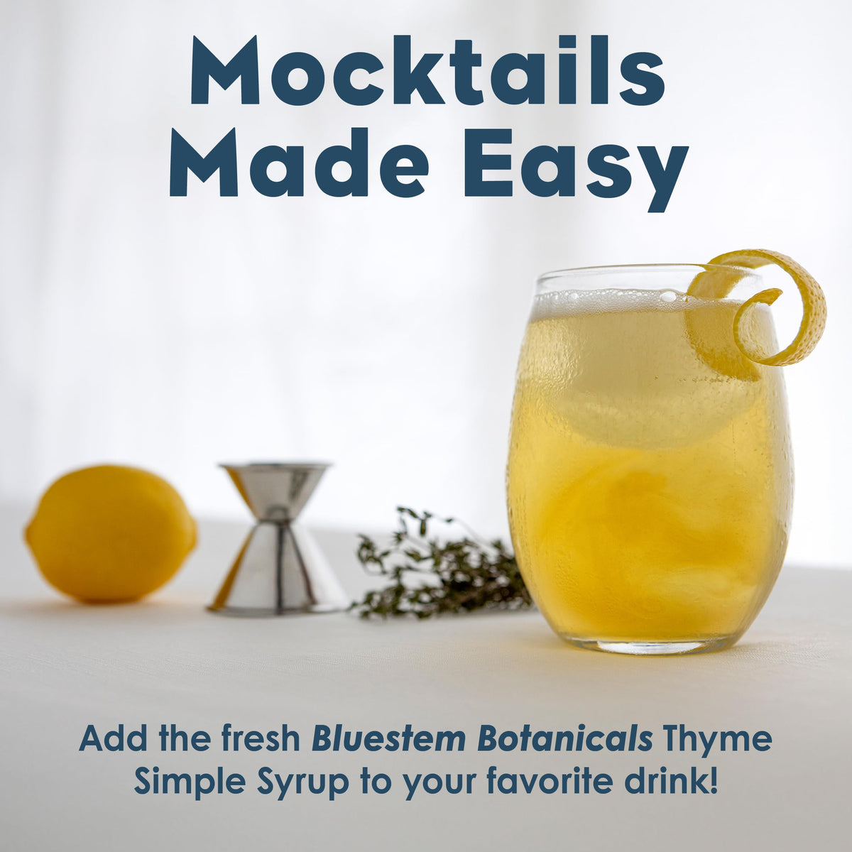 Bluestem Botanicals Thyme Simple Syrup close-up showcases thyme infusion and sugar balance.