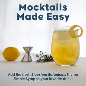 Bluestem Botanicals Thyme Simple Syrup close-up showcases thyme infusion and sugar balance.