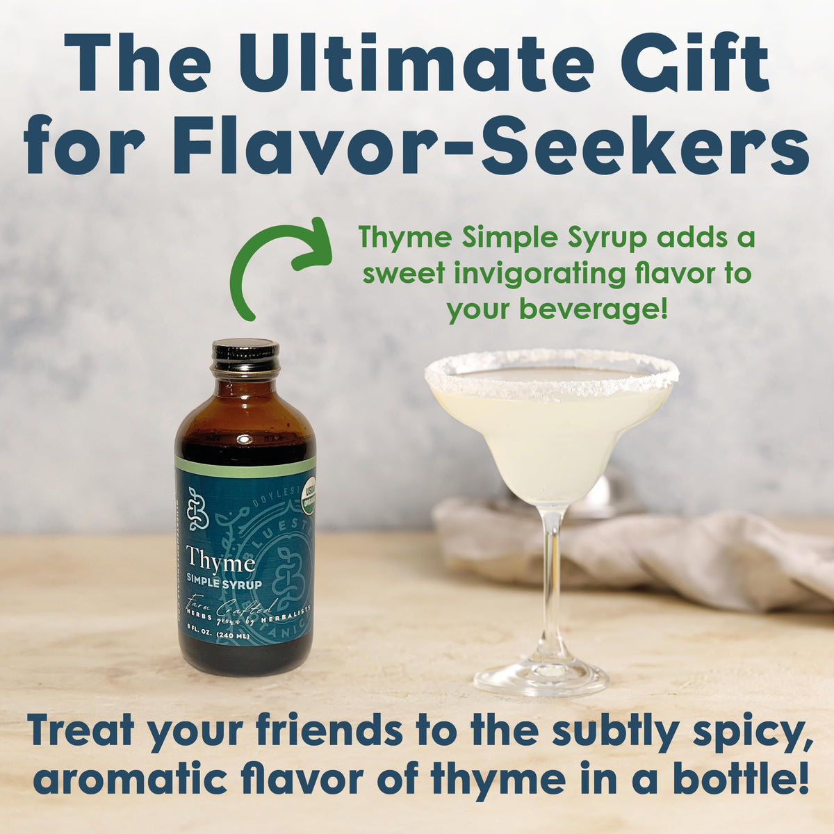 Bluestem Botanicals Thyme Simple Syrup added to tea or latte for flavor.