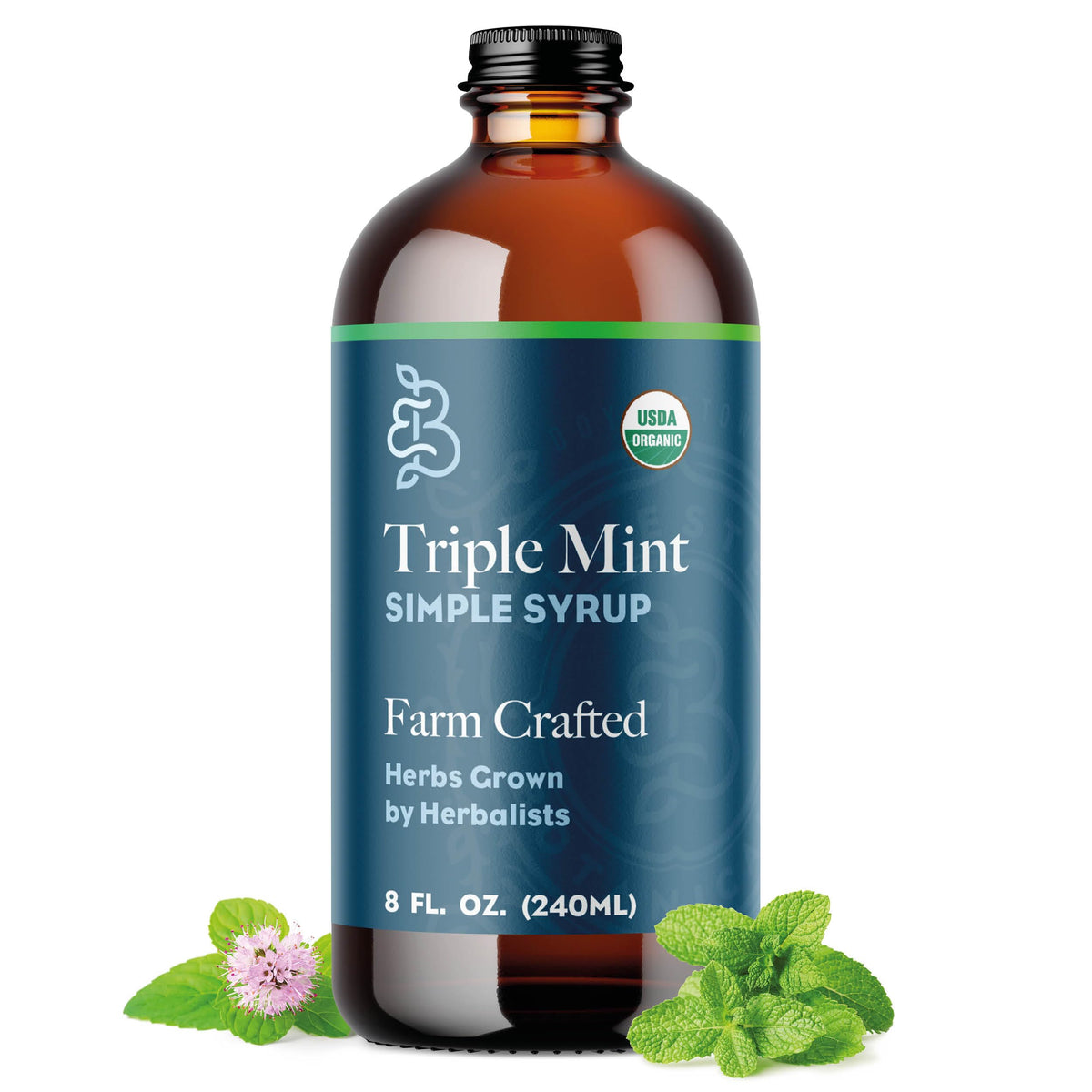 Bluestem Botanicals Triple Mint syrup bottle, versatile for cocktails and mocktails.