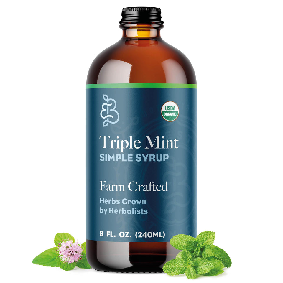 Bluestem Botanicals Triple Mint syrup bottle, versatile for cocktails and mocktails.