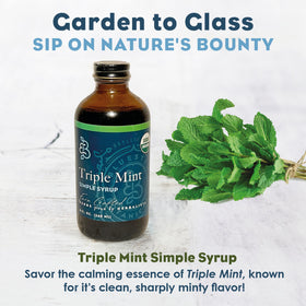 Bluestem Botanicals Triple Mint syrup beside a recipe card for cocktails.