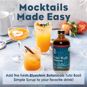 Bluestem Botanicals Tulsi Basil Simple Syrup cocktail glass highlights herbal depth for mixed drinks.