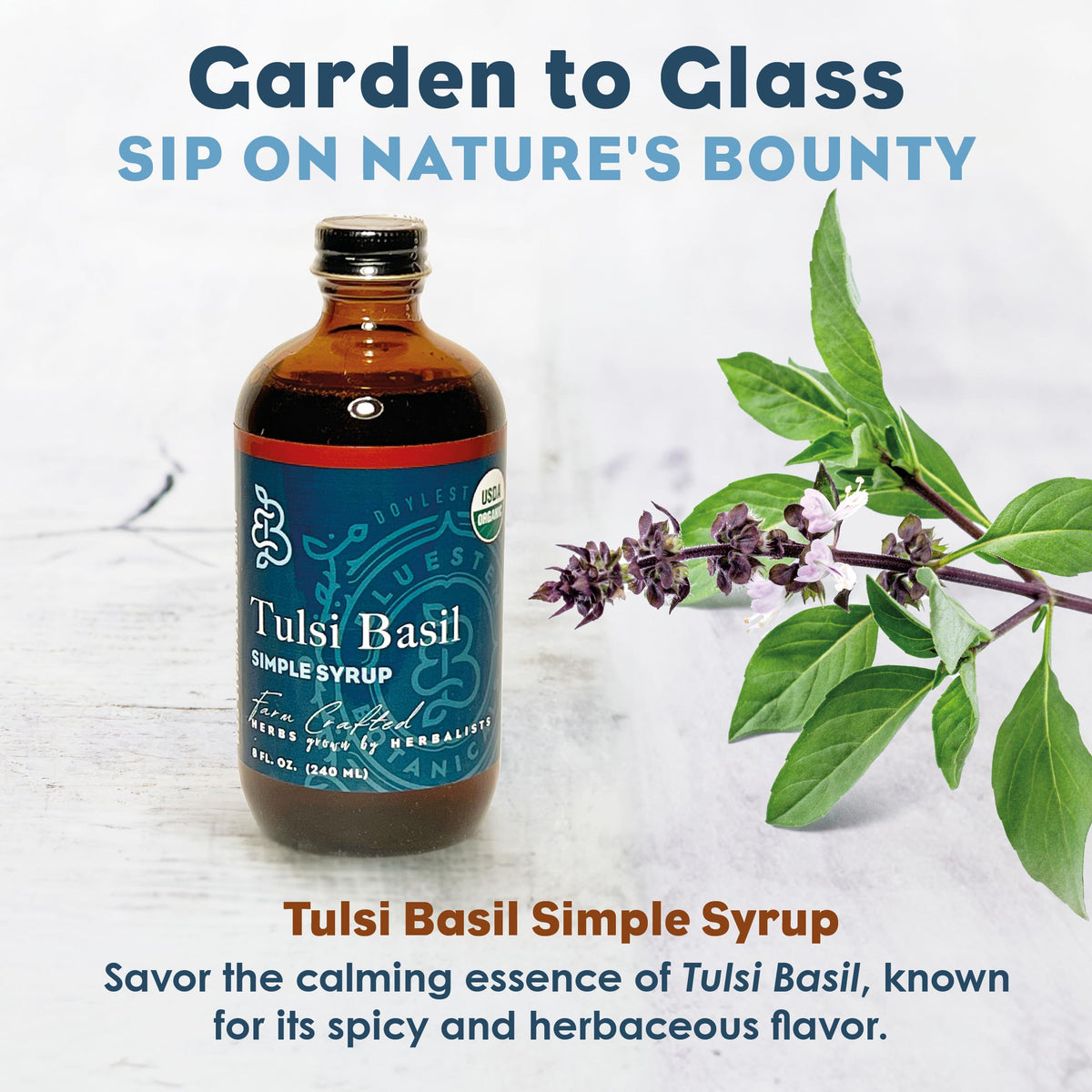 Bluestem Botanicals Tulsi Basil Simple Syrup gift-ready bottle for thoughtful culinary gifts.
