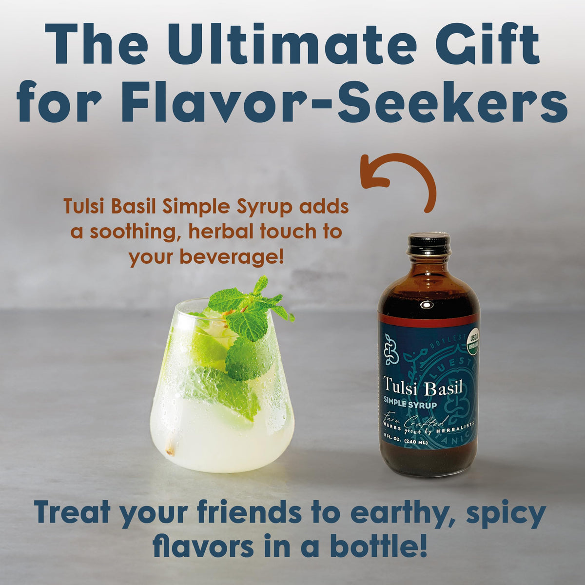 Bluestem Botanicals Tulsi Basil Simple Syrup soda glass hints at refreshing, aromatic beverages.