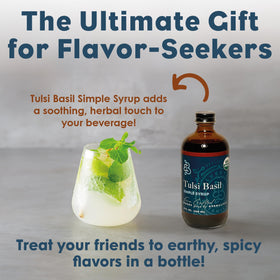 Bluestem Botanicals Tulsi Basil Simple Syrup soda glass hints at refreshing, aromatic beverages.