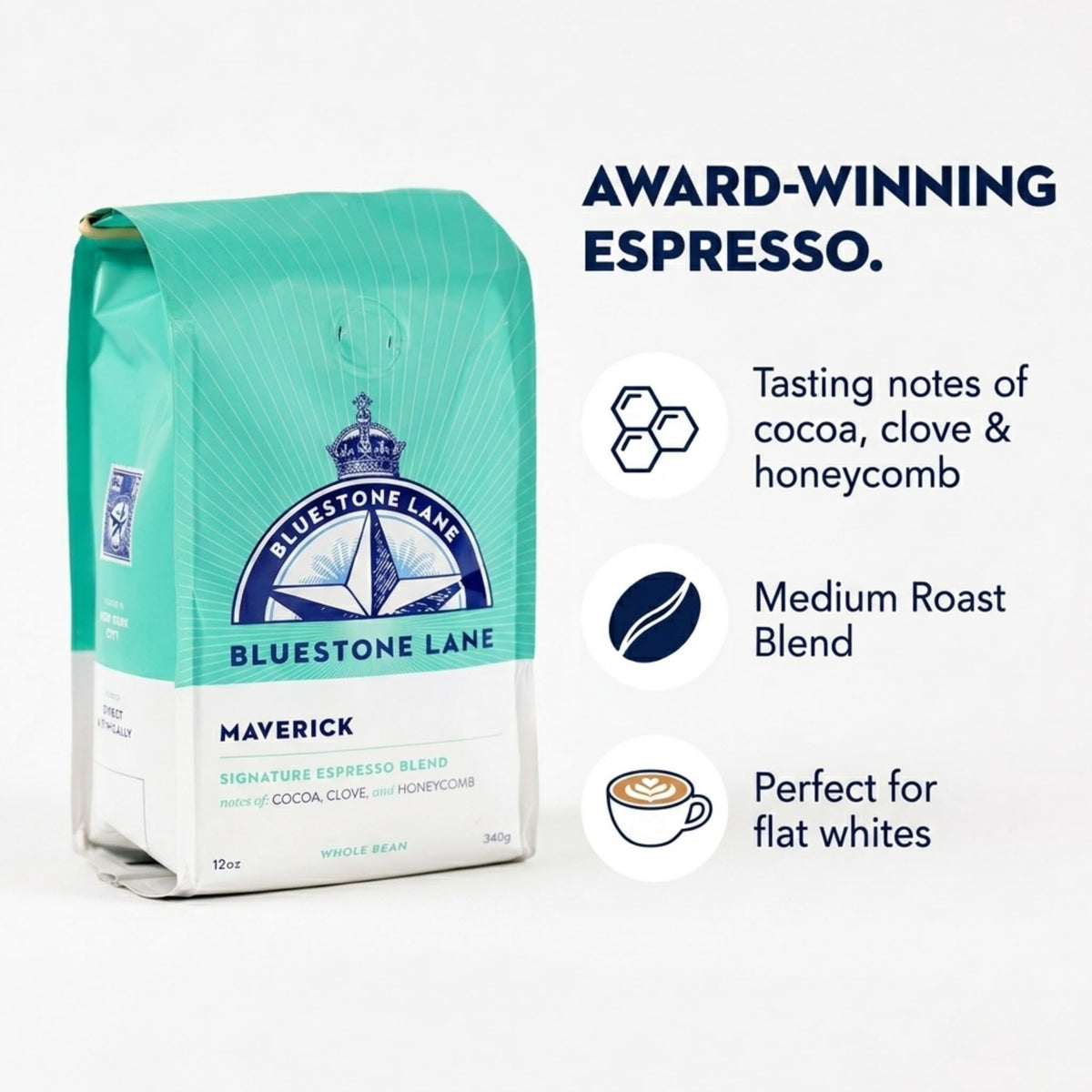 Front label of Bluestone Lane Maverick bag highlighting the signature espresso blend