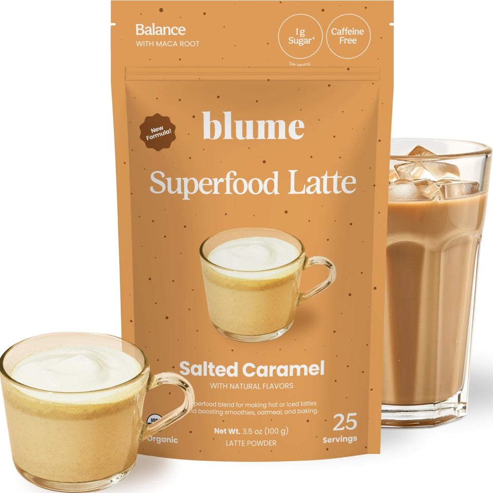 Blume Superfoods Latte cup with salted caramel for a creamy morning treat.
