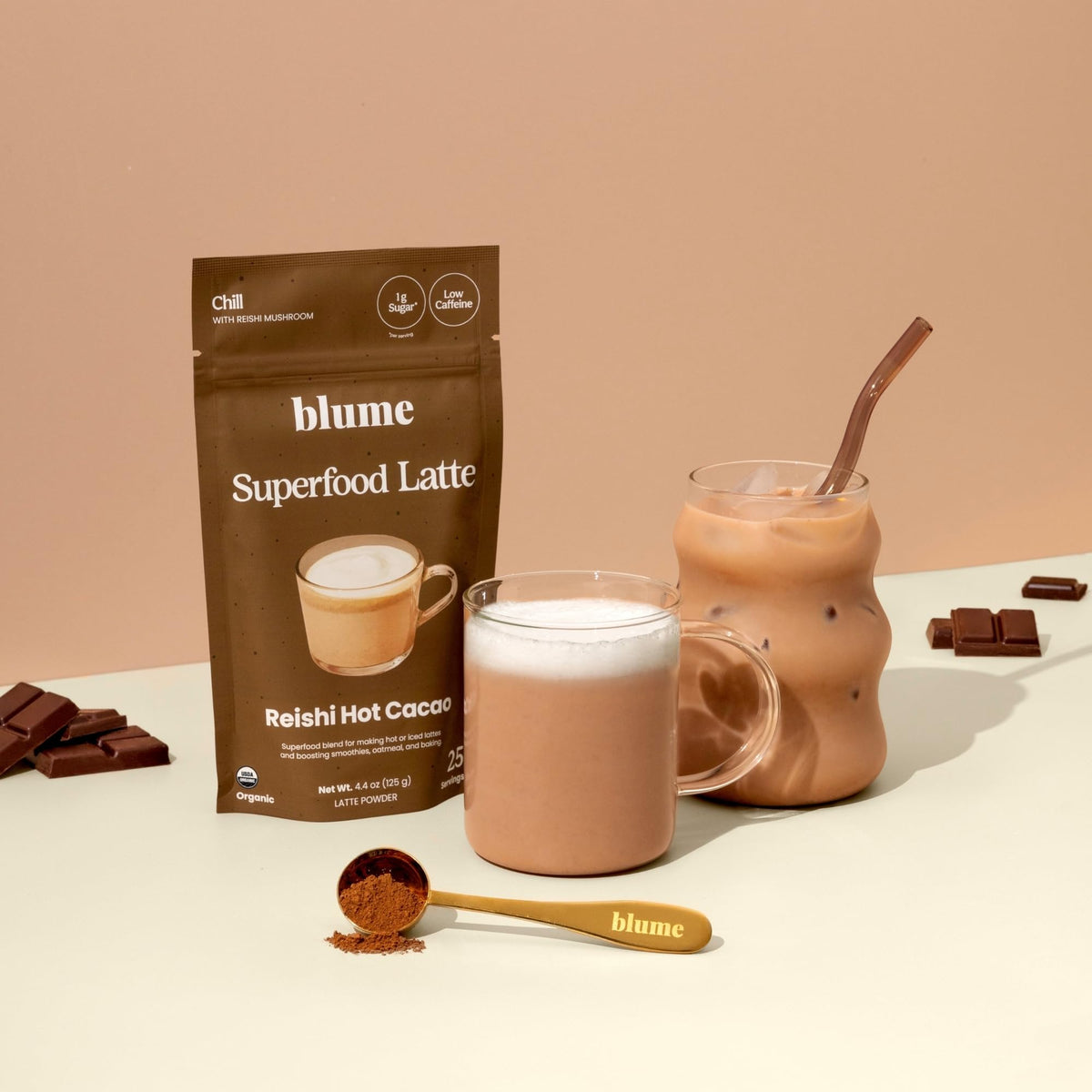 Blume organic vegan keto-friendly latte jar on kitchen counter.