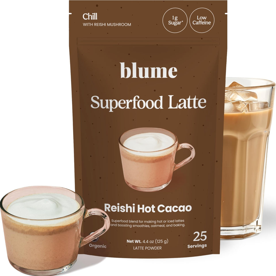 Blume Reishi hot cacao powder cup, rich and soothing for calm moments.