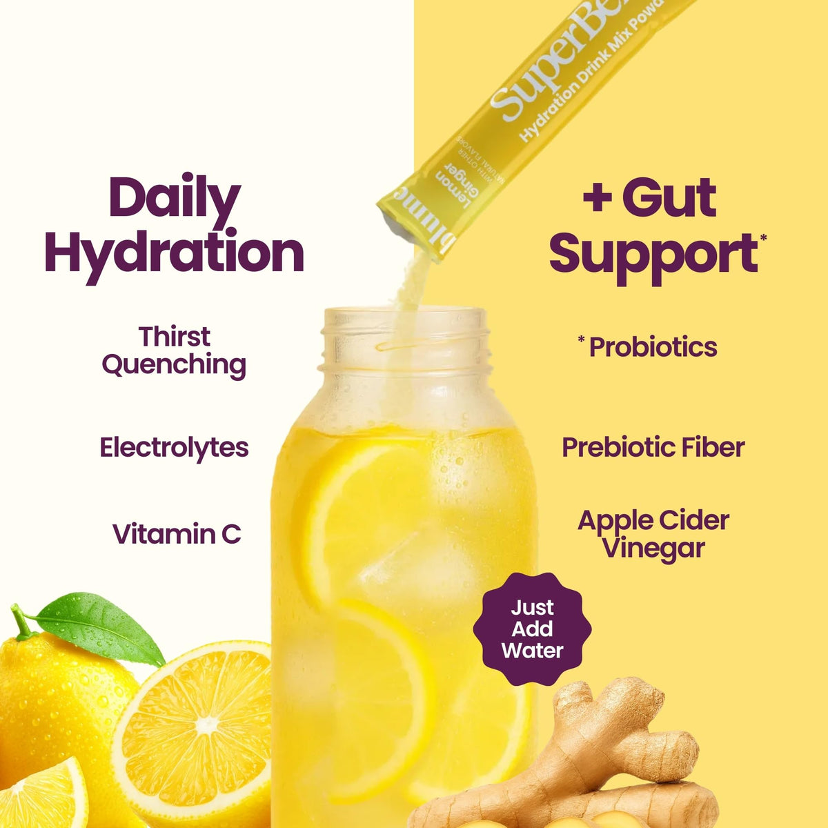 Blume SuperBelly lemon-ginger packets provide convenient daily probiotic support on the go.