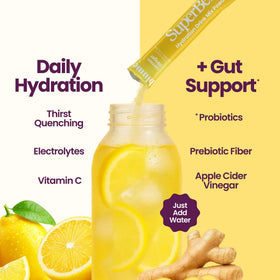 Blume SuperBelly lemon-ginger packets provide convenient daily probiotic support on the go.