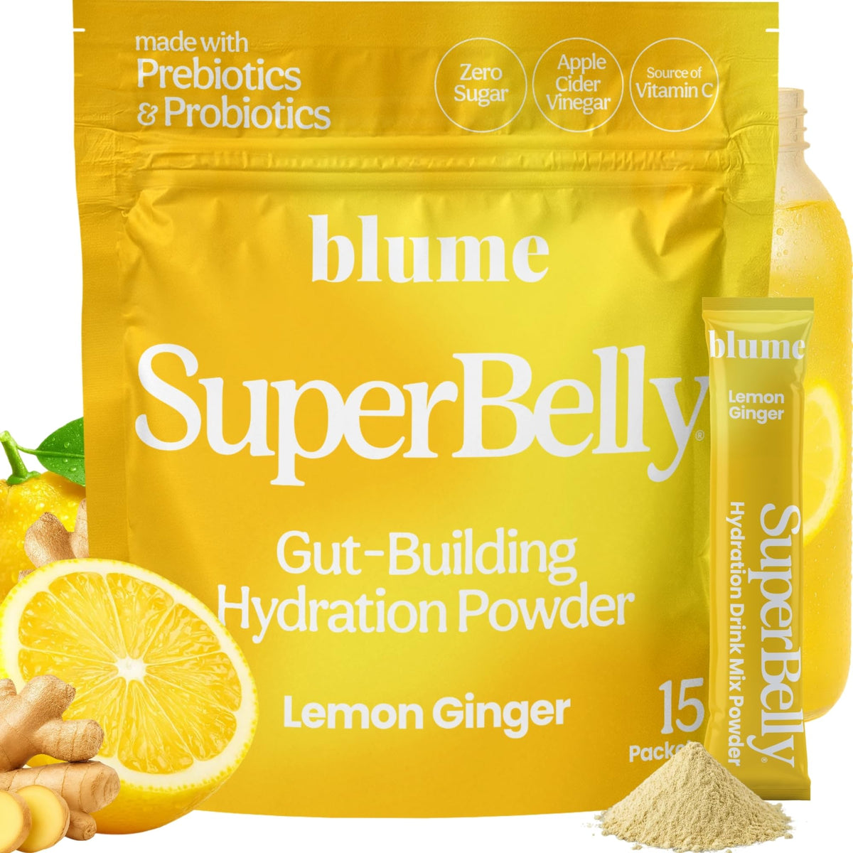 Blume SuperBelly lemon-ginger sticks offer refreshing hydration for daily digestion.